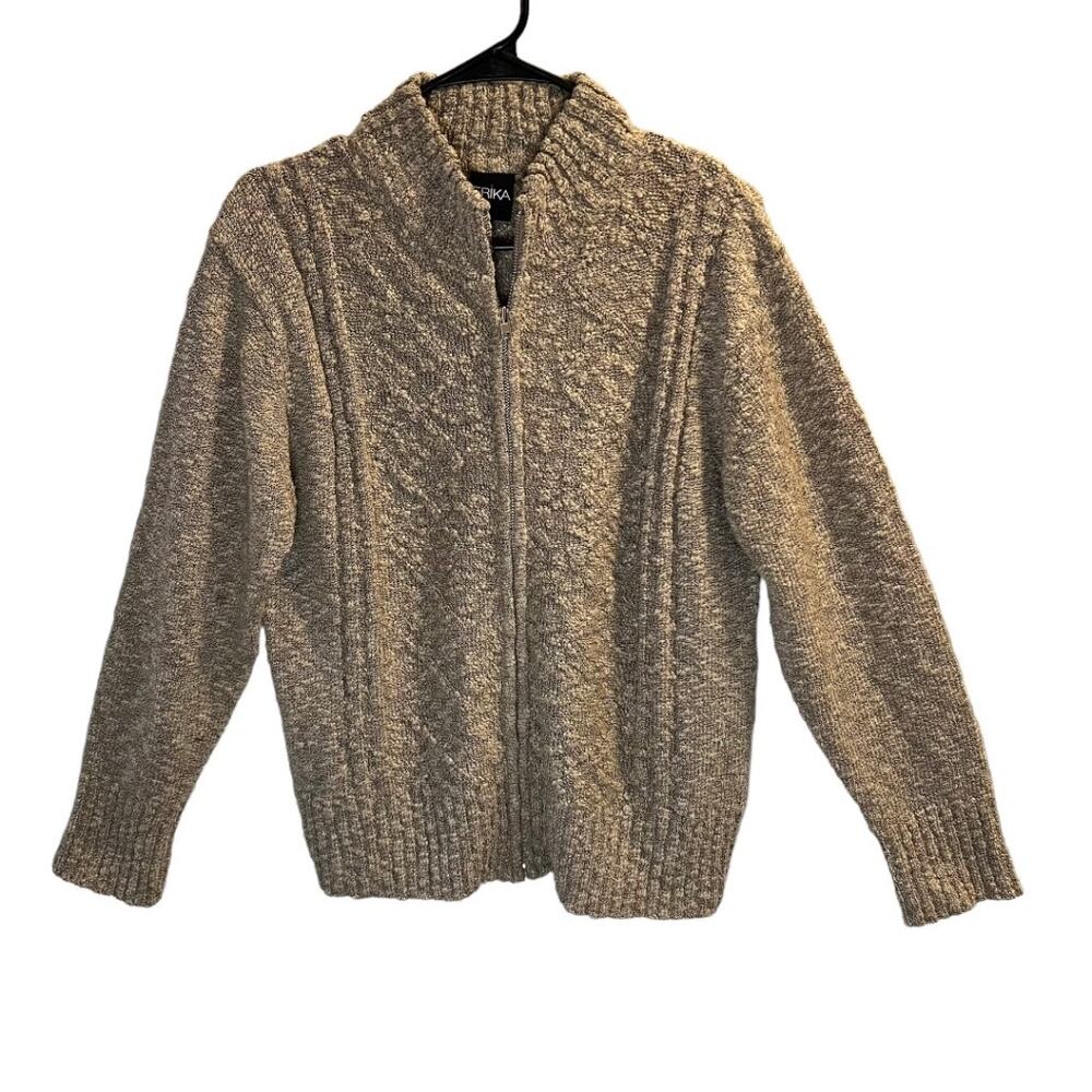 Erika Women's Cable Knit Zip Front Sweater Tan Size M Ribbed Warm Cozy